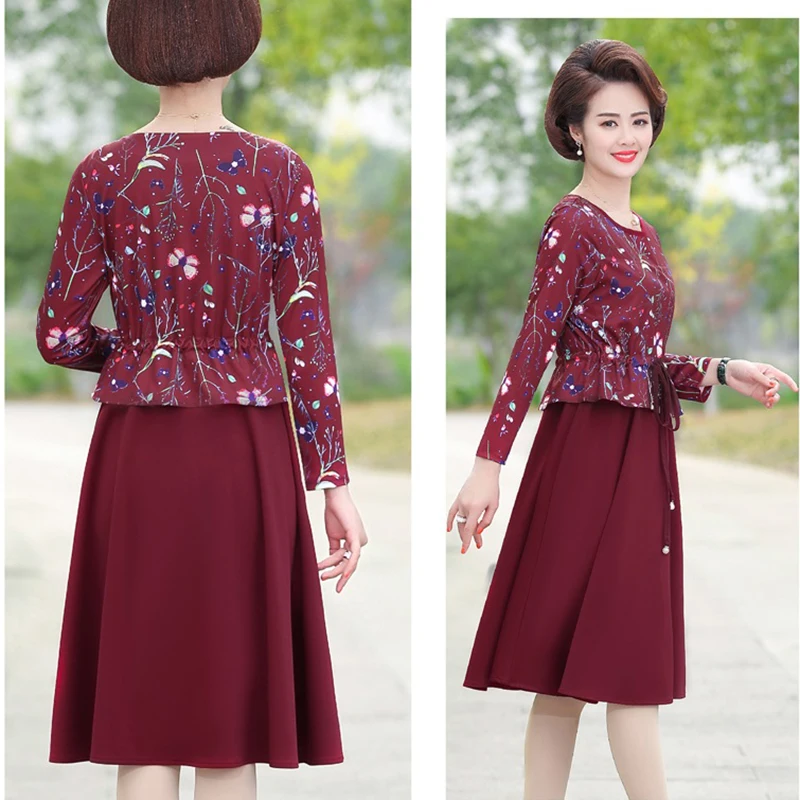 

Middle-aged Women's Dresses New Spring Long Sleeve Printed Chiffon Dress Plus Size 5XL Mother Sundress Female Vestidos J146