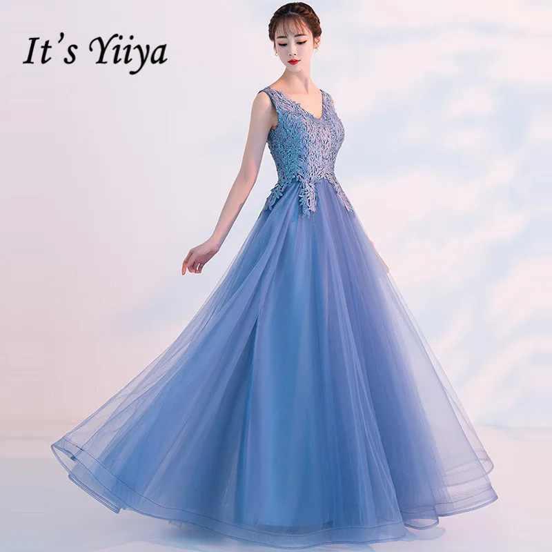 

Платья для подружек невесты It's Yiiya, длинные голубые платья с V-образным вырезом, без рукавов, для гостей на свадьбу
