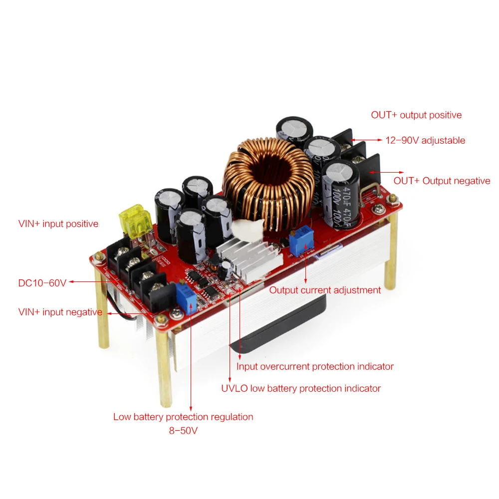 1800W 40A CC CV Преобразователь повышения напряжения DC-DC регулируемый блок питания Модуль DC 10V-60V до 12V-90V DIY kit Электрическая единица on.