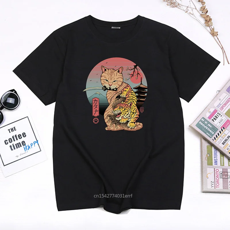 

Cute Catana Knife Harajuku Streetwear T-shirt Summer Casual Cool Camisetas Funny Samurai Cat Cartoon Tees