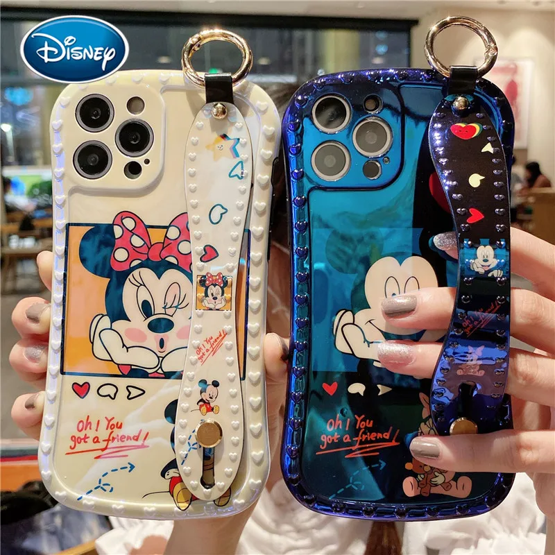 

DISNEY Cartoon Mickey Minnie Wristband Phone Case for iPhone 12 11 Pro Max 7 8 Plus XR X Huawei Models Case P40 P30 Cover Case