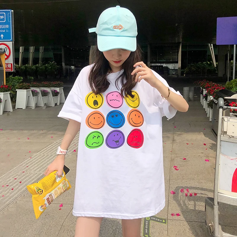 

Распродажа Специальное предложение футболка с коротким рукавом в Корейском стиле женская летняя Новинка 2021 свободная футболка с красочным...