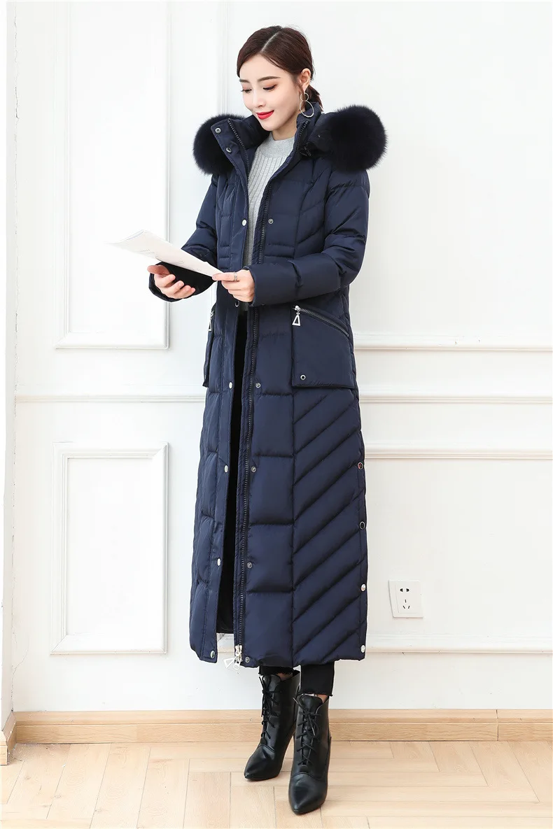 S- 4XL plus size Winter over the knee X-long 90% Duck down coat female X-Long thick warm Down Jacket real fox fur Parkas F442