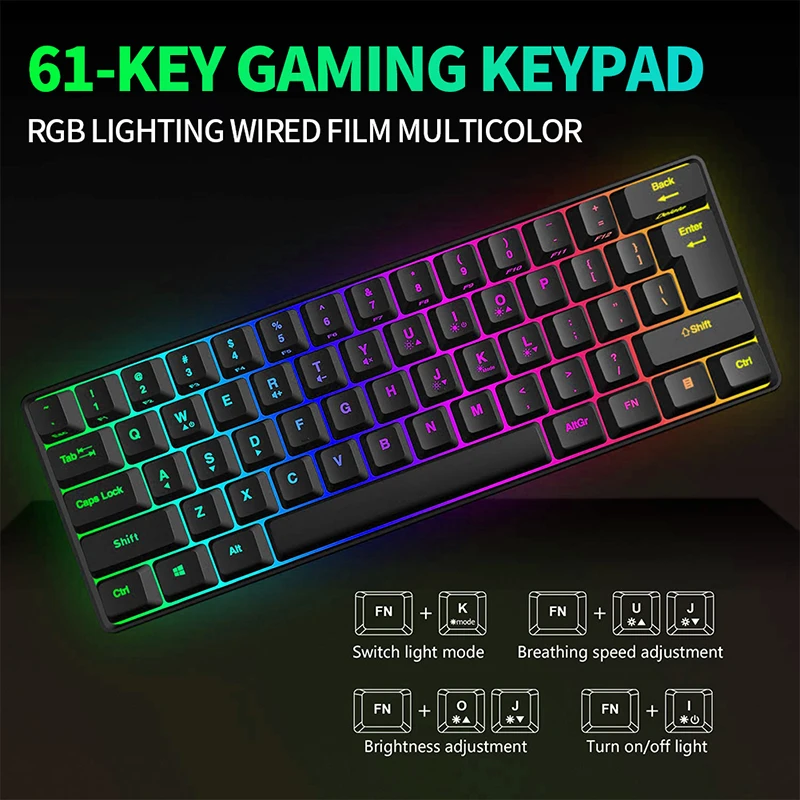 

60% Wired Gaming Keyboard, RGB Backlit Ultra-Compact Mini Keyboard (Black)