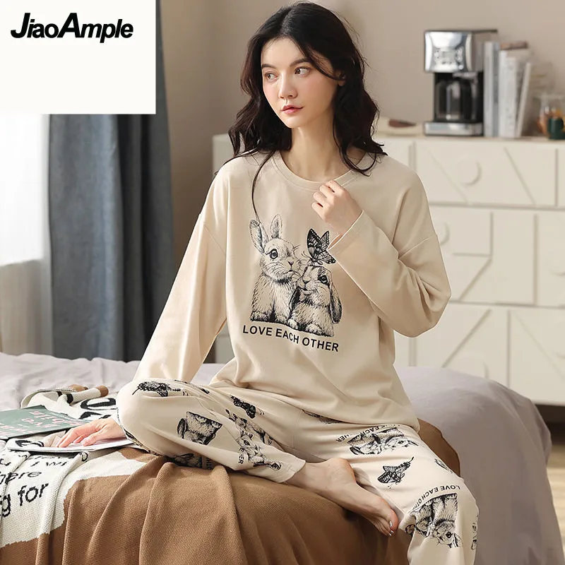 100% Cotton Pajamas Women Pijamas Set 2022 Spring Autumn New  Cute Cartoon Casual Simple Home Clothes Female Sleepwear Nightie
