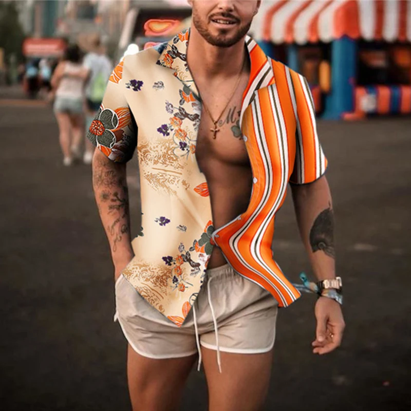 Мужская свободная рубашка с цветочным принтом летняя пляжная коротким рукавом