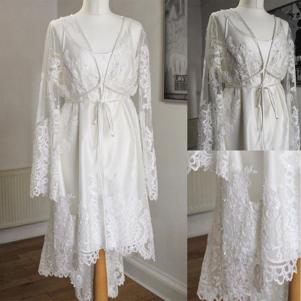 

2 Pieces White Night Robe Lace Appliqued Graceful Sleepwear Party Dress Gorgeous Nightgowns Robes