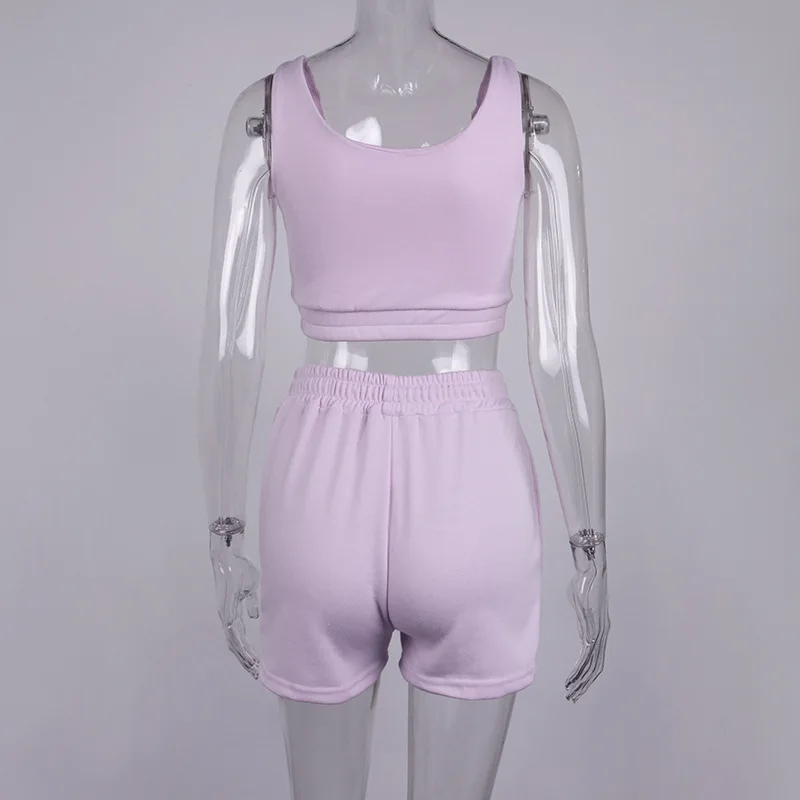 

2021 Women Tank Top And Shorts Two Piece Set Tracksuit Solid Color Smocked Square Collar Cropped Top And Drawstring Shorts Suits