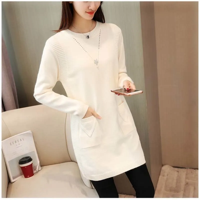 

Plush Thickened Warm Sweater O-Neck Women's Loose Medium Long Bottomed Casual Pocket Knitting Pulloverss Ladies
