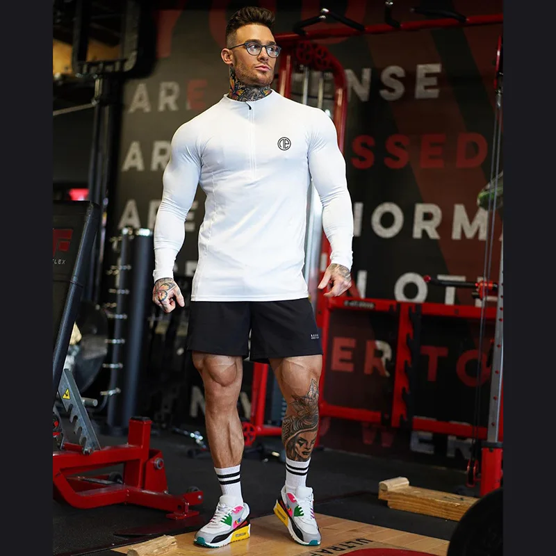 

Zipper Neck Fitness Shirts Men Black Long Sleeve GYM Sport Tshirt Men Running T-Shirt Bodybuilding Tees Jogging Tops Tracksuits