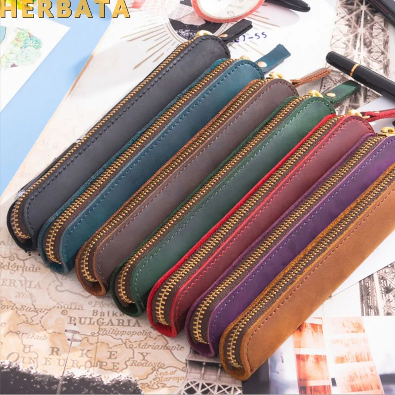 Чехол-карандаш из кожи Крейзи Хорс на молнии в стиле ретро | Канцтовары для офиса