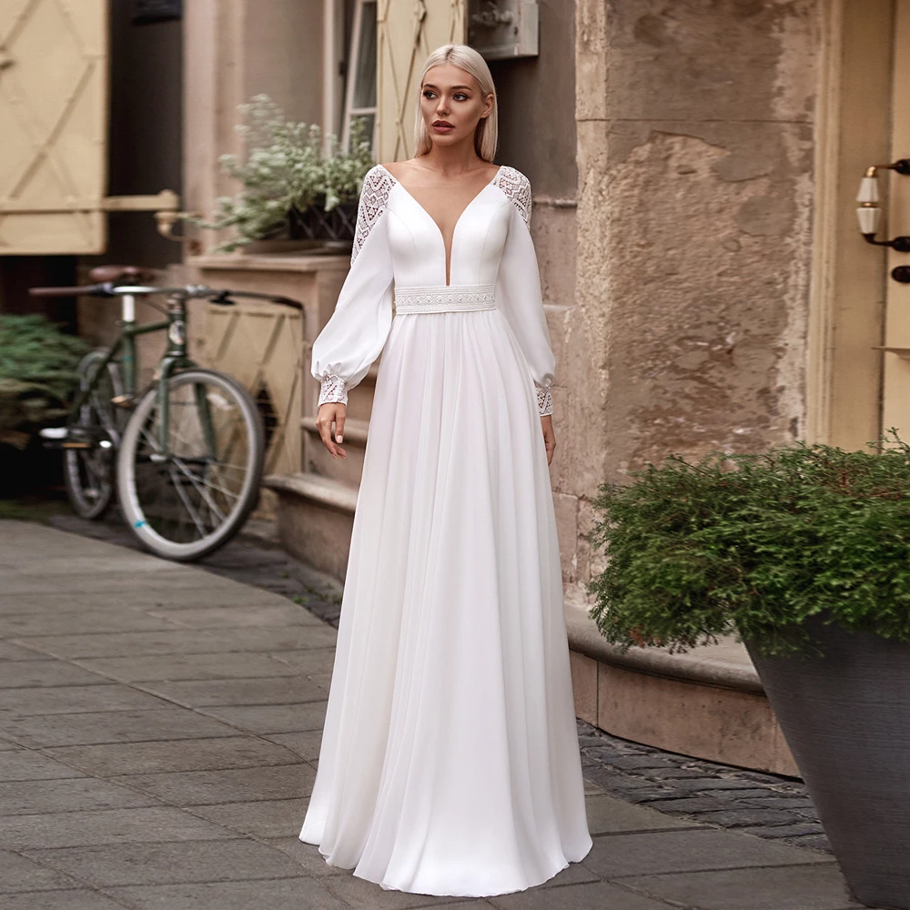 

Boho Wedding Dress Lantern Sleeves V Neck Bohemian Lace Sweep Train Robe De Mariee A Line Chiffon Beach Bridal Gowns