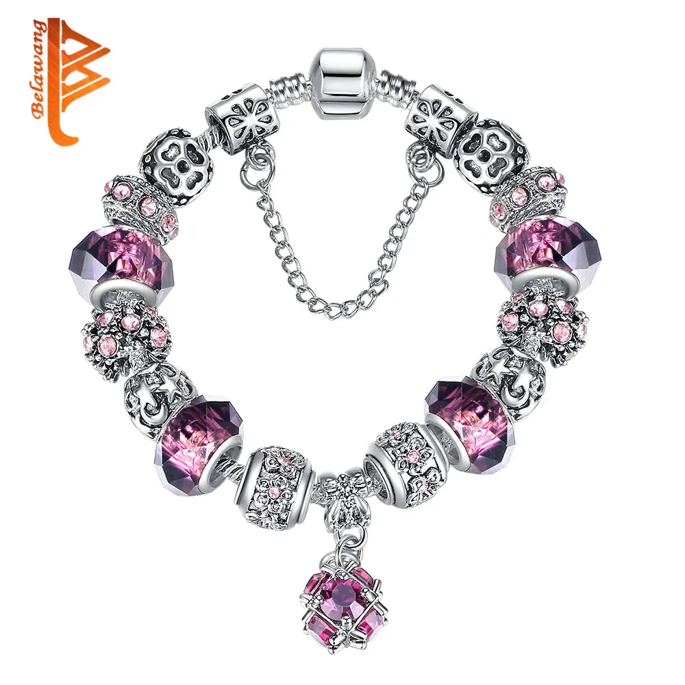 BELAWANG серебряный цвет фиолетовый Мурано бисер из стеклянных кристаллов браслет с