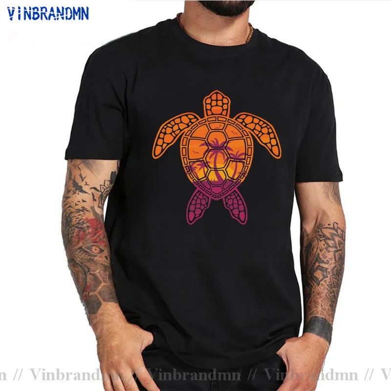 2021 Funny Vector Illustration Tropical Sunset Sea Turtle Design palm trees Men t shirt camisas costum logo clothing male tshirt
