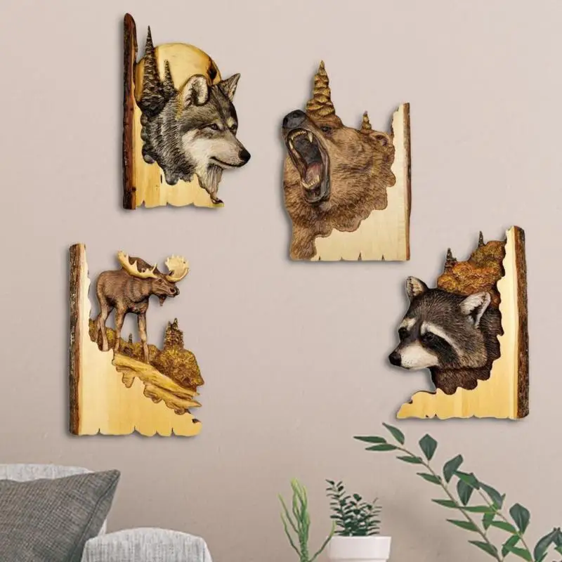 

Animal Wall Decor Cabin Wooden Animal Carving Bear Deer Wall Hangings Pendant
