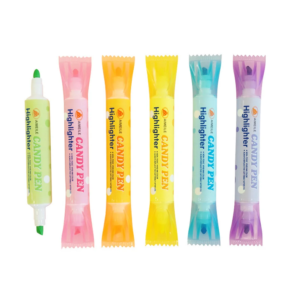 

6 шт. портативная мультяшная флуоресцентная ручка, двухсторонний креативный мультяшный хайлайтер, мультяшный конфетный Хайлайтер для раск...