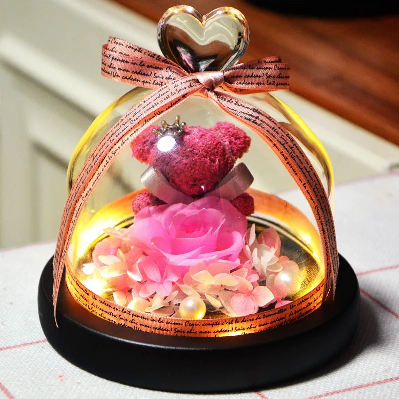 

Eternal Preserved Rose Fresh Rose Lovely Teddy Bear In Heart Glass Dome with Led Home Decor Wedding Mothers Day Gifts for Women