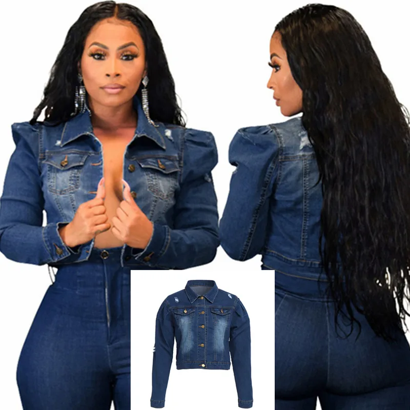 

Женская Повседневная темно-синяя короткая джинсовая куртка с отложным воротником