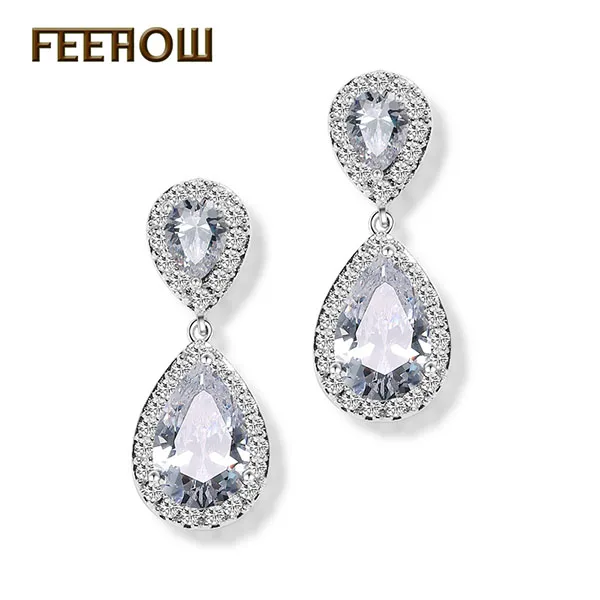 White Color FEEHOW, модные элегантные свадебные ювелирные изделия, розовое золото, цветная слеза, кубический циркон, висячие серьги для женщин, Свадебная вечеринка FWEP091 - Окраска металла: White Color