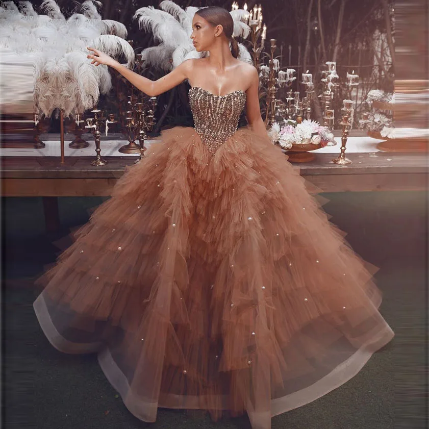 Chic Ball Gown Prom Dresses 2019 Champagne Tiered Tulle Heavy Beading Evening Dress Dubai Arabic Long Formal robe de soiree | Свадьбы и