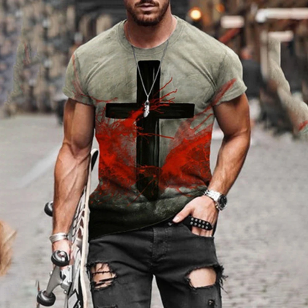 

2021 Men Summer New Fashion Harajuku Colorful Cross Printed O Collared T-shirts Men's Oversized Vintage Short Sleeve T Shirts