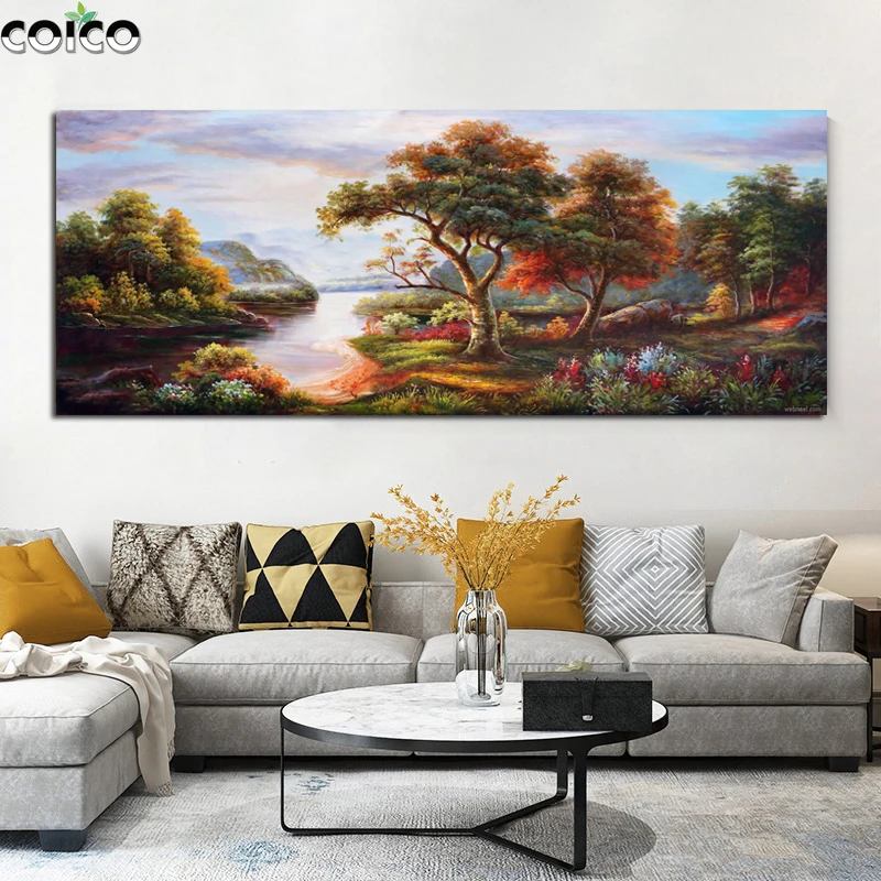 

Modern Oil Painting on Canvas Handmade with Frame Trees River Wall Art Landscape Poster Home Decor Print Picture for Living Room
