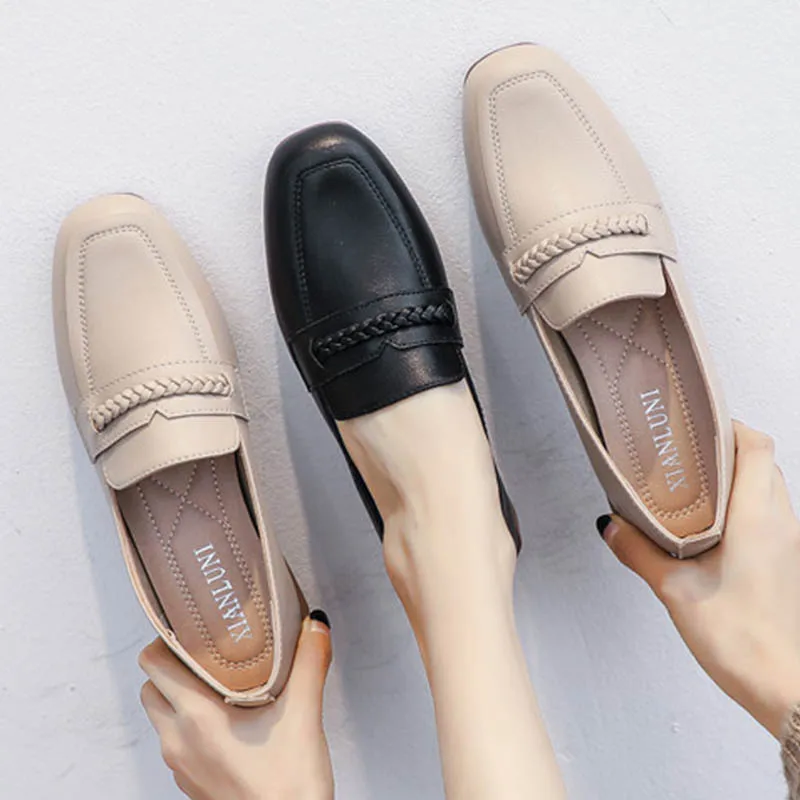 

34-41 Wooden Knitted Small Leather Shoes Women Square Toe Loafers Woman Flats Chunky Wood Heels Oxfords Women Espadrilles 2020