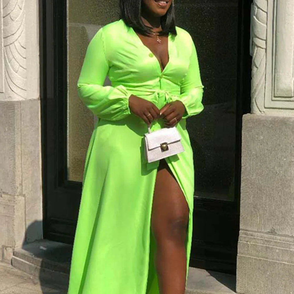 

Western Style African 2021 Temperament Commute Solid Color Split Fork Long Sleeve Women's Dress High Waist V-neck