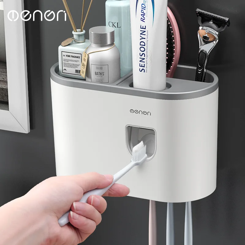 automatic toothpaste dispenser wall mount dust proof toothbrush holder wall mount storage rack bathroom accessories set squeezer free global shipping