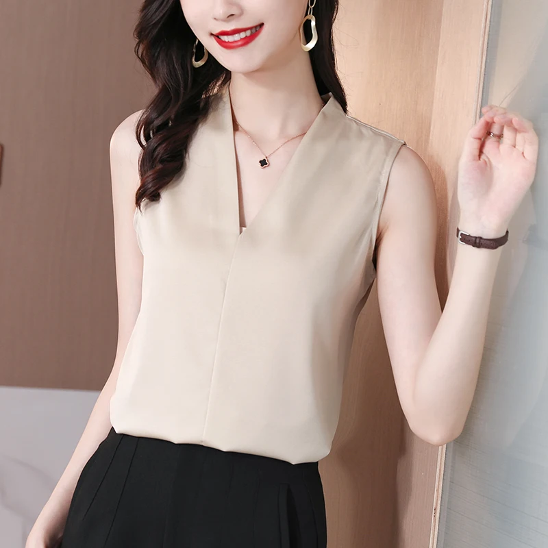 

2021 Summer Satin Woman Blouses V-neck Acetate Simple and Fashionable Shirts Basic Sleeveless Ladies Tops Solid Women Clothing