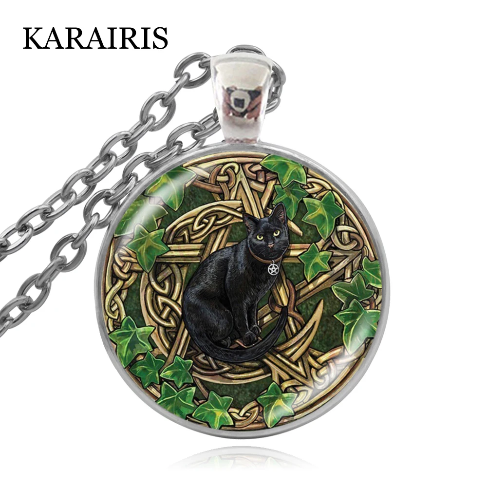 

KARAIRIS Vintage Glass Dome Pendant Charm Black Wicca Pendant Necklace Magical Pentagram Wiccan Black Cat Necklace Man Jewelry