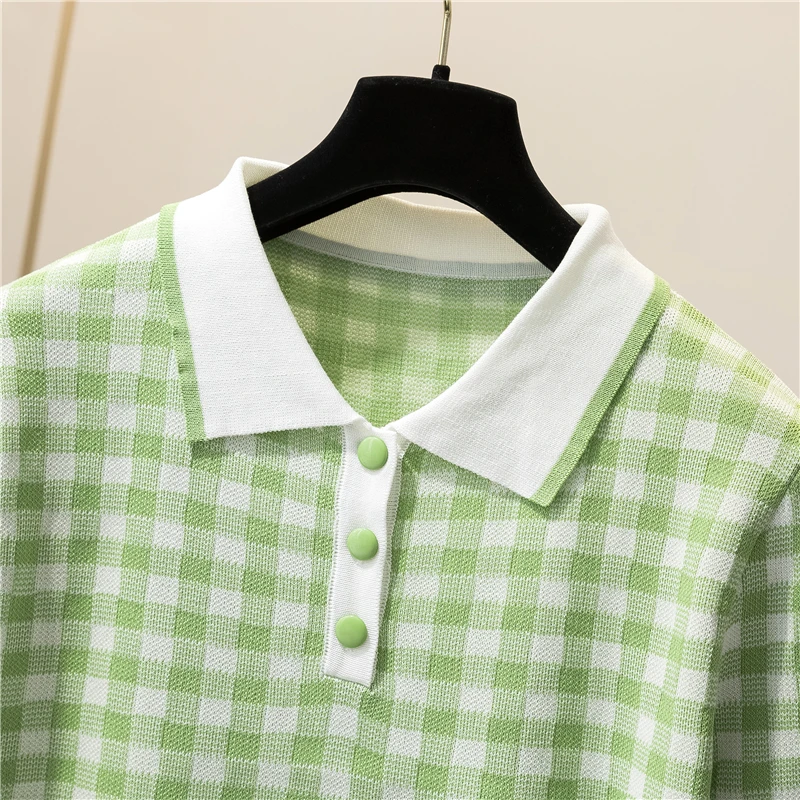 Летние вязаные футболки с коротким рукавом милые клетчатые эластичные