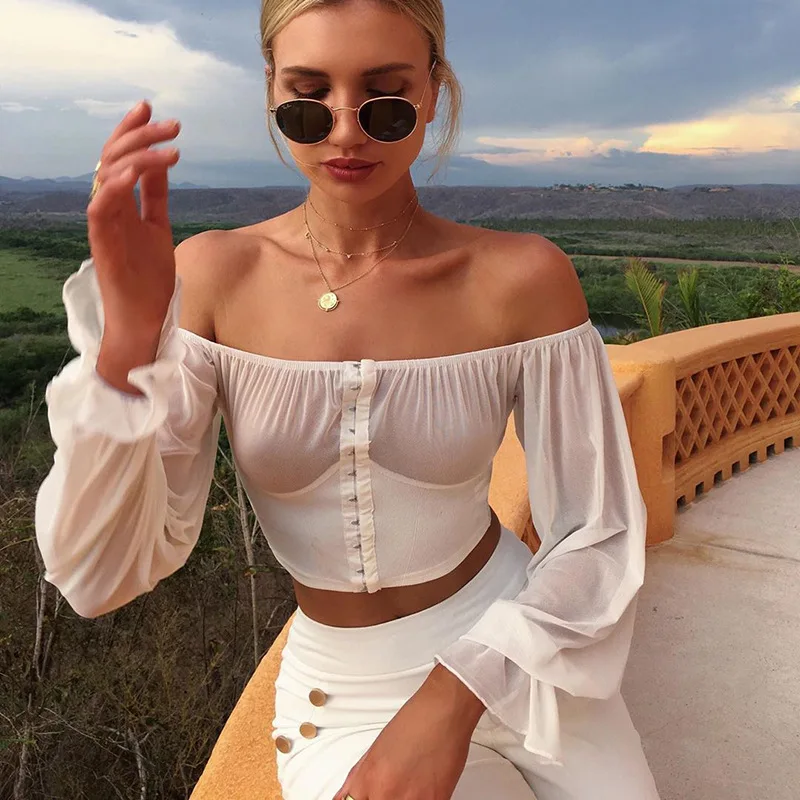 2019 осень сексуальные платья с открытыми плечами сетка пэчворк для женщин блузки