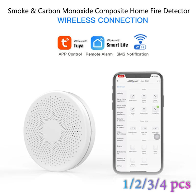 

1/2/3/4pcs Tuya WiFi Smart Smoke & Carbon Monoxide Composite Home Fire Detector Smoke Alarm Sensor Smart Home 2021 New