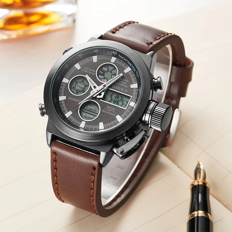 BIDEN 0031 цифровые часы модные мужские электронные с кожаным ремешком ТПУ