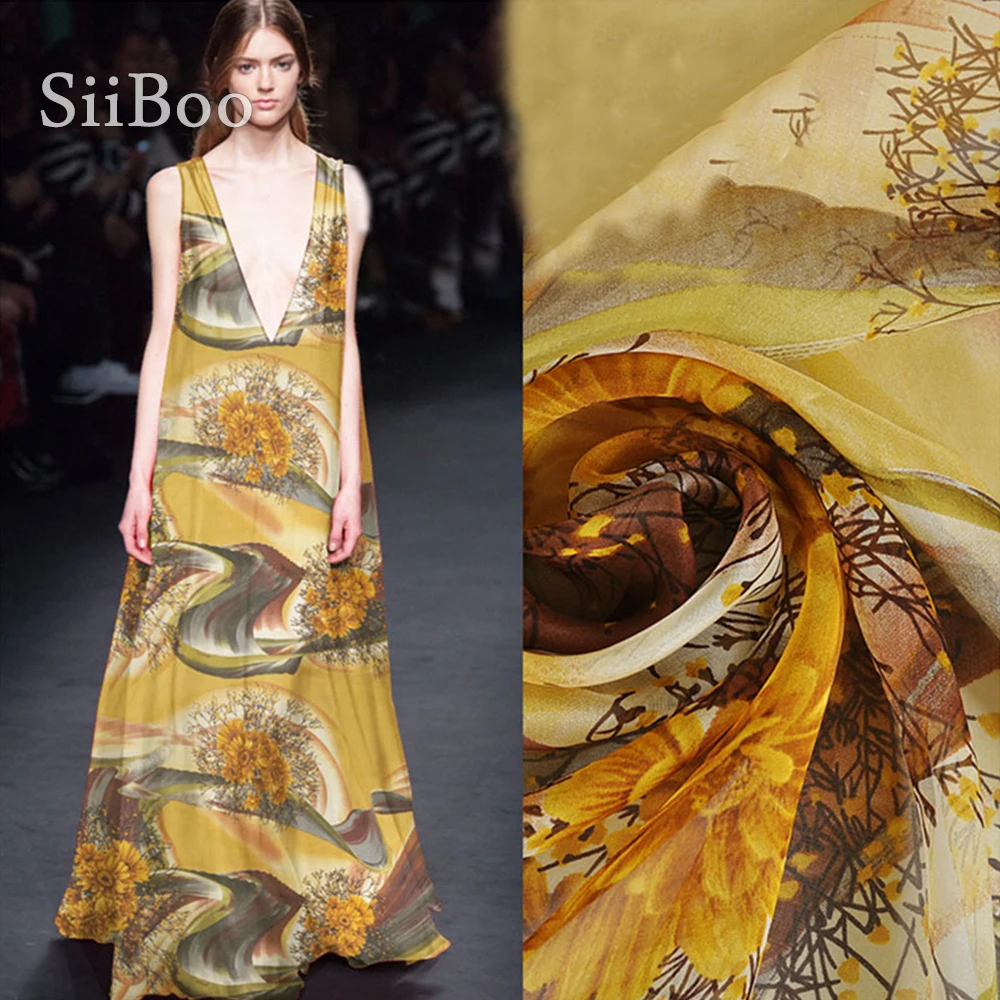 Роскошный желтый коричневый цветочный принт 100% натуральный шелк шифоновая ткань