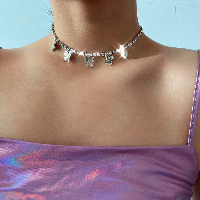 

Luxury Pink Clear CZ Tennis Chain Butterfly Choker Necklace Women Gold Color Iced Out Chain Butterfly Necklace Aesthetic Jewelry