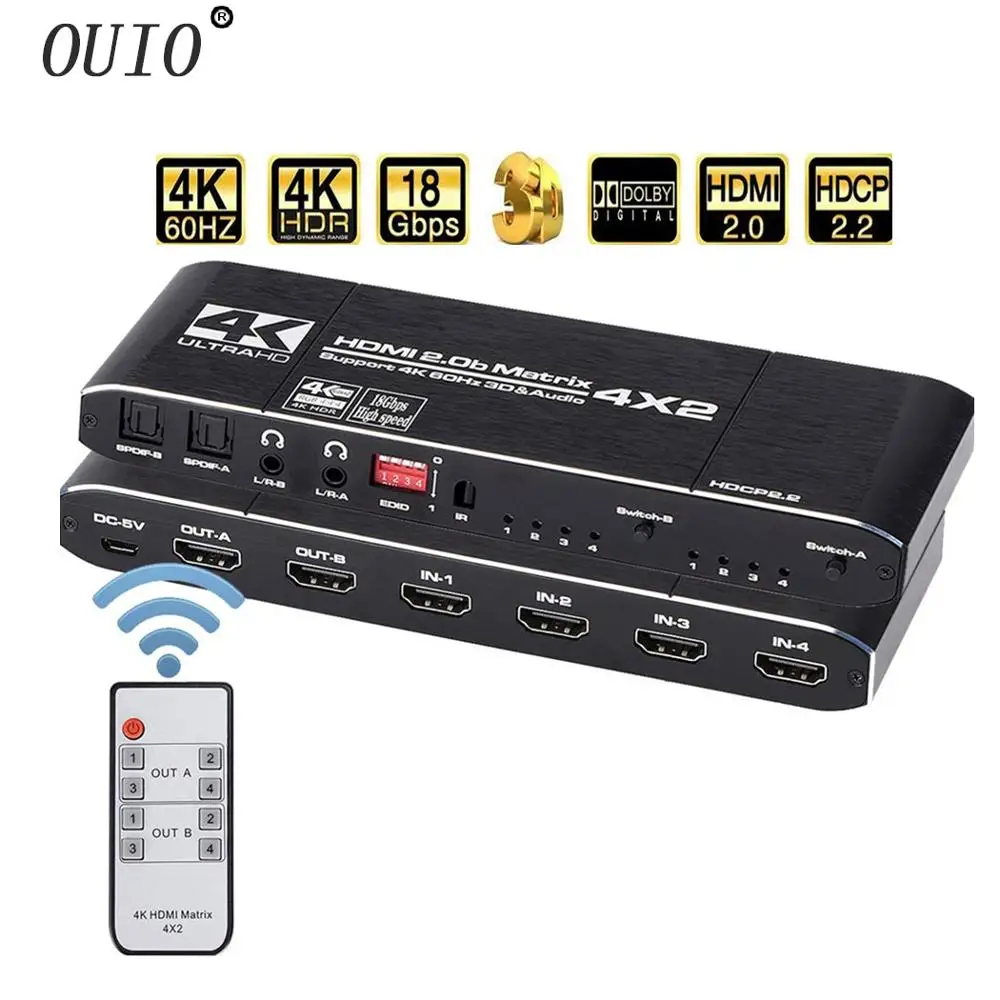 Матрица HDMI OUIO 4K @ 60 Гц 4x2 переключателя сплиттер Поддержка HDCP 2 ИК-пульт