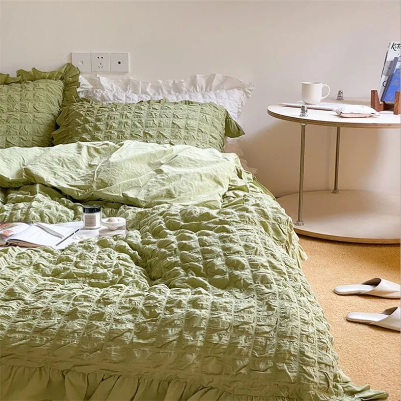 

Комплект постельного белья из 4 предметов, роскошный моющийся хлопковый пушистый набор с присосками, с оборками, пододеяльник, стеганое одеяло, Комплект постельного белья