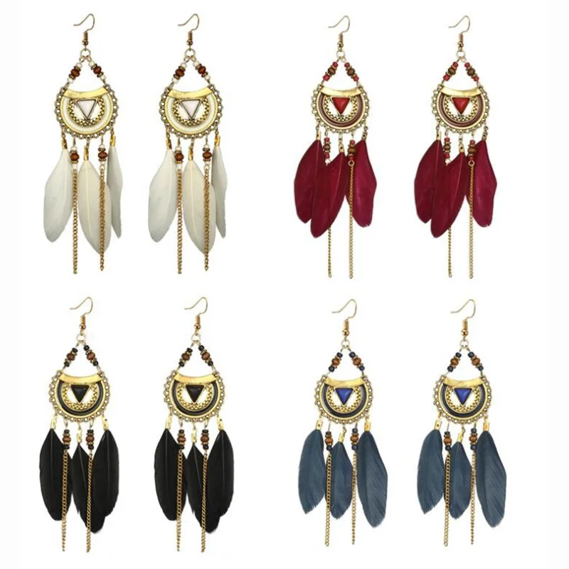 

Classic Lady Feather Long Drop Earrings Luxury Tassels Earrings Wedding Fashion Jewelry for Women Beach Resort Beach Earring
