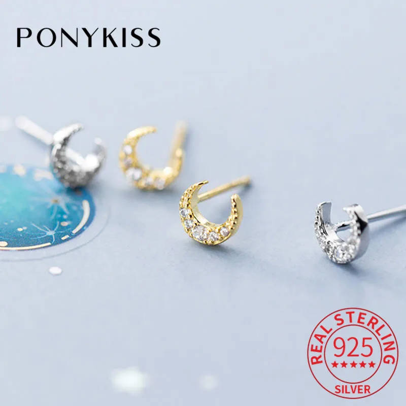 PONYKISS Настоящее серебро 925 проба Циркон луна серьги гвоздики женские вечерние романтические нежные серьги аксессуары девушка прекрасный подарок