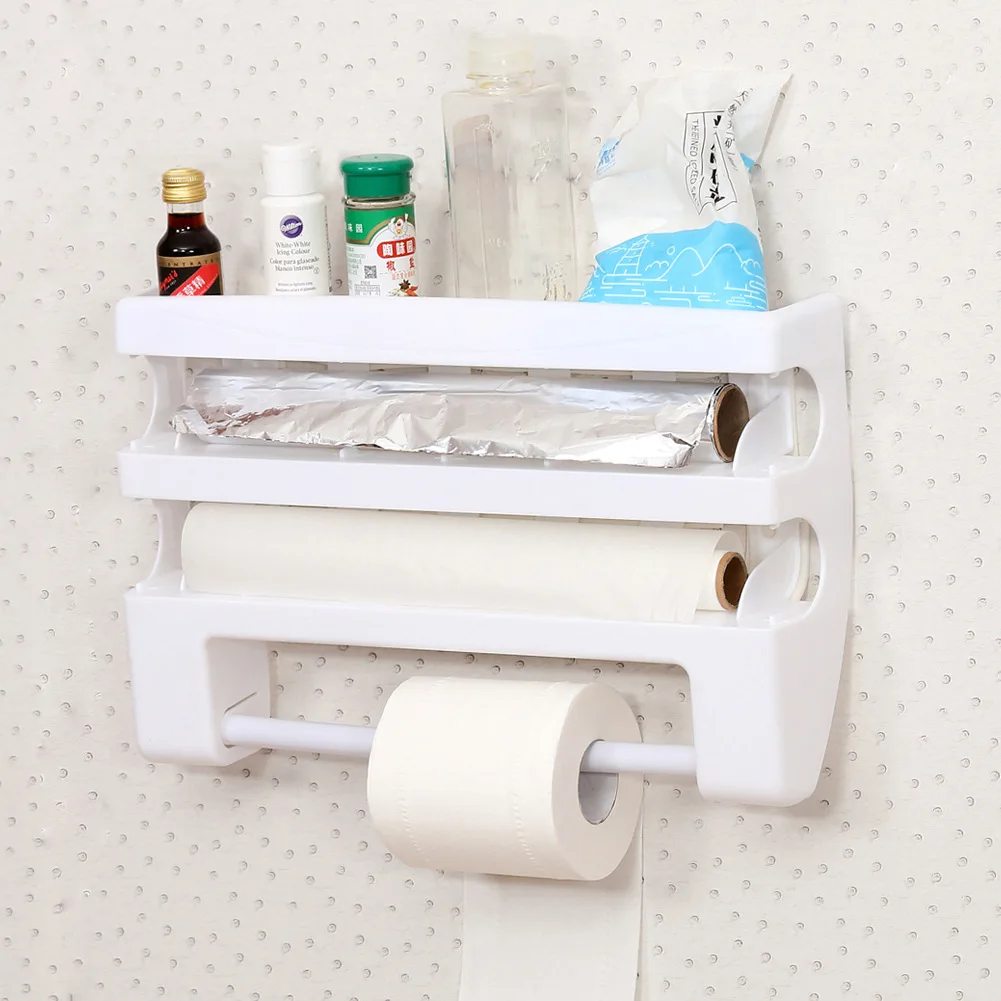 

Wall-Mount Paper Towel Holder Sauce Bottle Rack 4 In 1 Cling Film Cutting Aluminum Foil BBQ Paper Mutifunction Kitchen Organizer