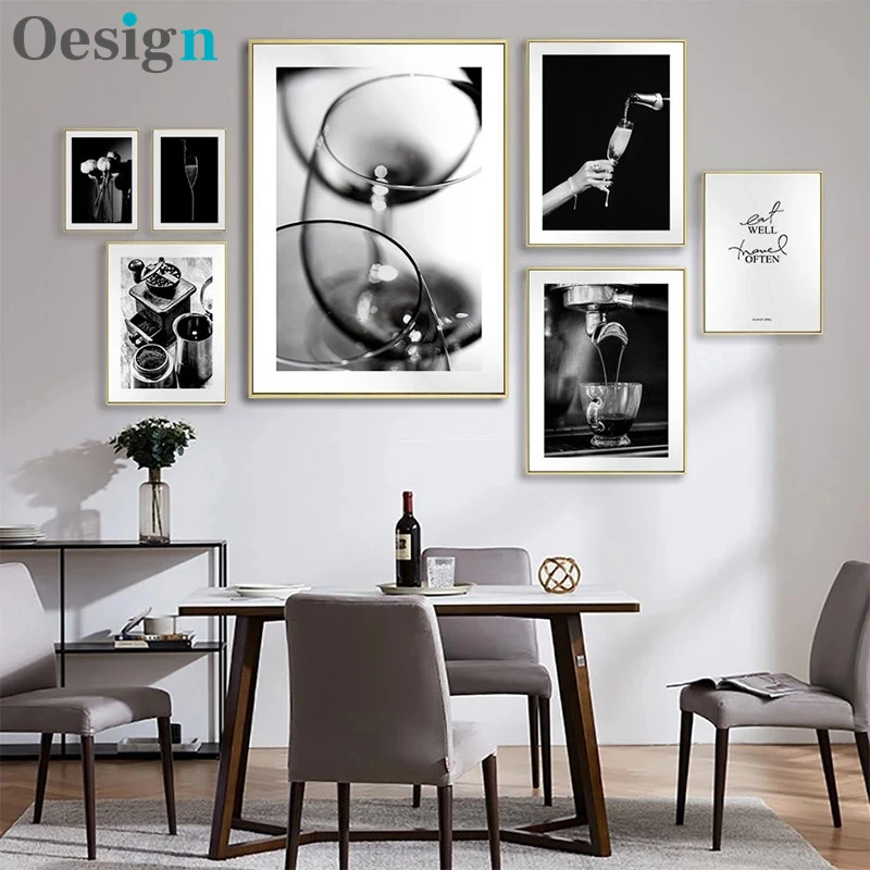 Черно-белый художественный постер хлеб красное вино чашка кофе машина ресторан