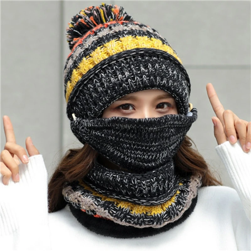 

Women Winter 3Pcs Pompom Beanie Hat Circle Scarf Face Mask Set Multicolor Striped Knit Skull Cap Plush Lined Neck Warmer