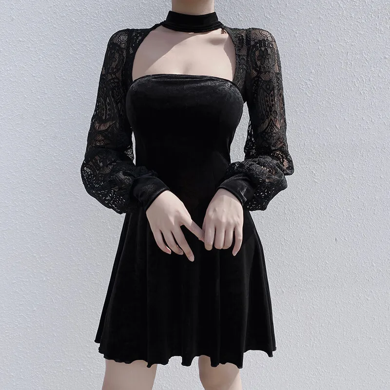 

2021 New Fashion Club Party Casual Dark Dress Female Black Dress Women Gothic Lantern Long Sleeve Lace Velvet Patchwork Dress
