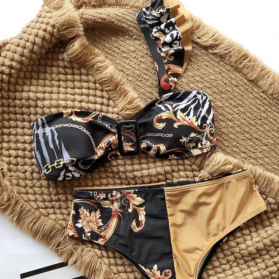 

2020 Sexy One Shoulder Summer Ruffle Bikini Women Swimsuit High Waist Bikinis Set Female Swimwear Women Beachwear Bathing Suit