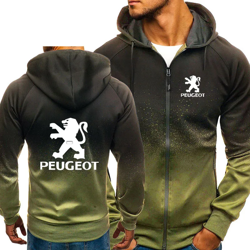 

Fashion New Men Jacket Peugeot Car Logo Print Casual HipHop Gradient Color Hooded Fleece Sweatshirts Zipper Hoodies Man Coat sa4