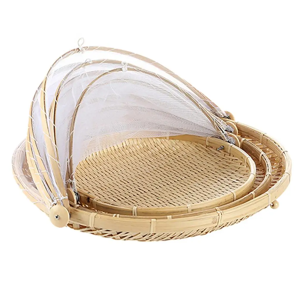 

Hand-Woven Wicker Storage Basket With Gauze Bug Proof Picnic Organizer Dustproof Fruit Tray Food Bread Dishes Cover