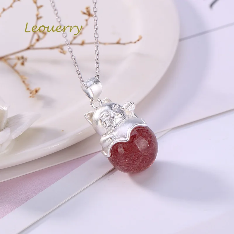 Leouerry натуральный клубничный кварц Lucky Cat Подвески простые 925 пробы серебро розовый кристалл женские модели короткие Подвески до ключицы