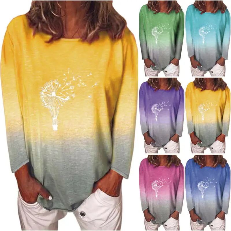 

Women Gradient Dandelion Printed Blouse Long Sleeve Baggy Casual Tops Plus Size